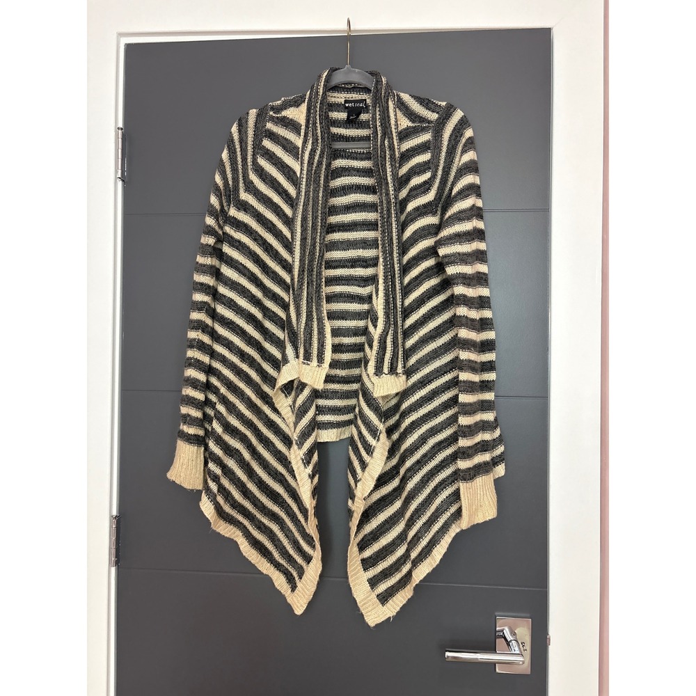 Wet Seal Cardigan Sweater Open Front Striped Beige Gray Acrylic Womens‎ Size L